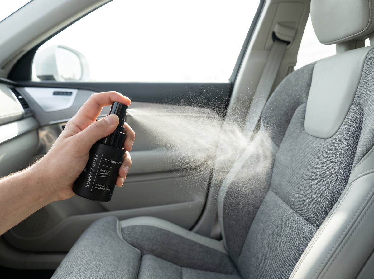 Spraying Bombay Musk Icy Breeze on a car seat