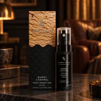 Burnt Caramel Ice Cream Spray bottle and box together on a console table