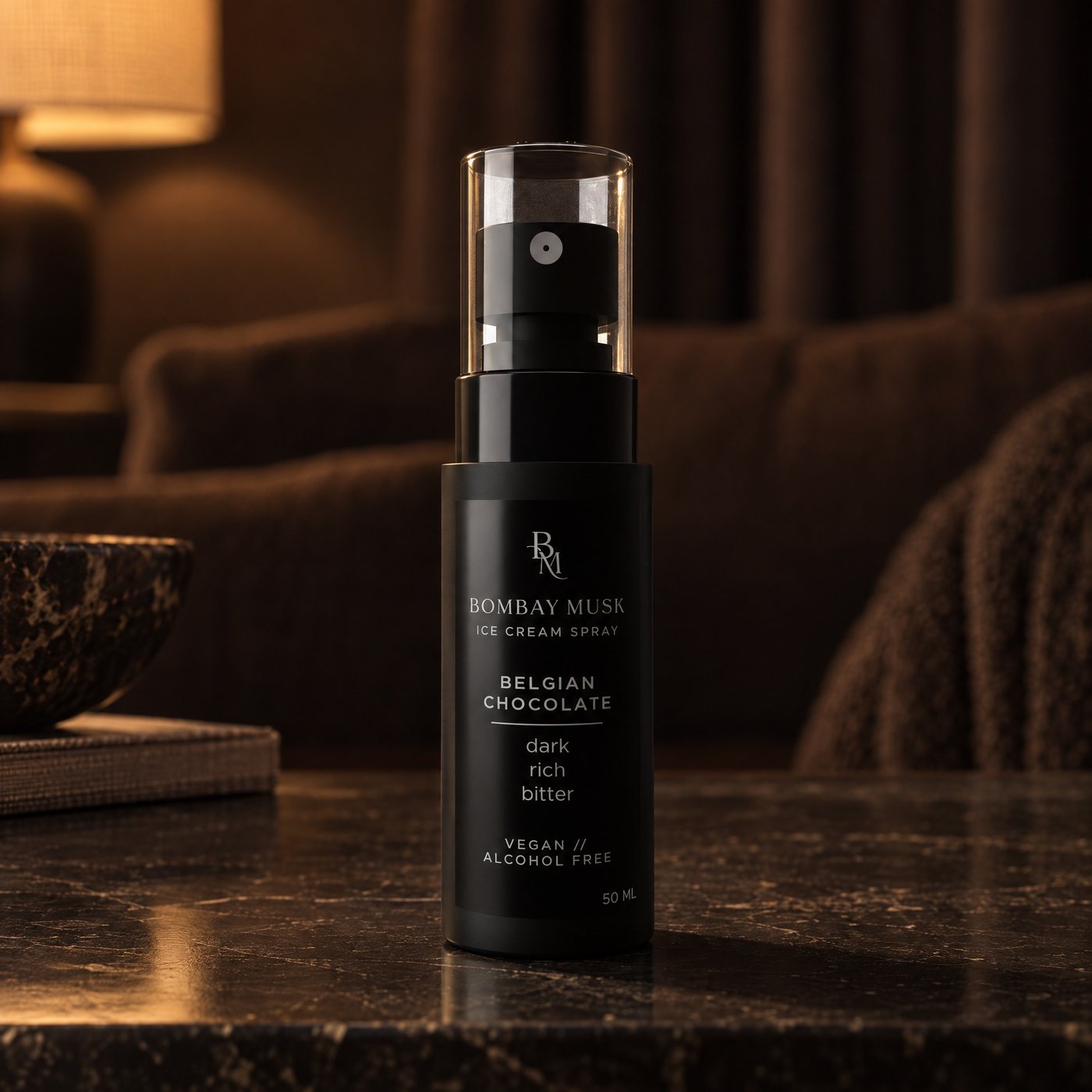 Belgian Chocolate Ice Cream Spray on a console table in a styled living room, luxury home fragrance by Bombay Musk