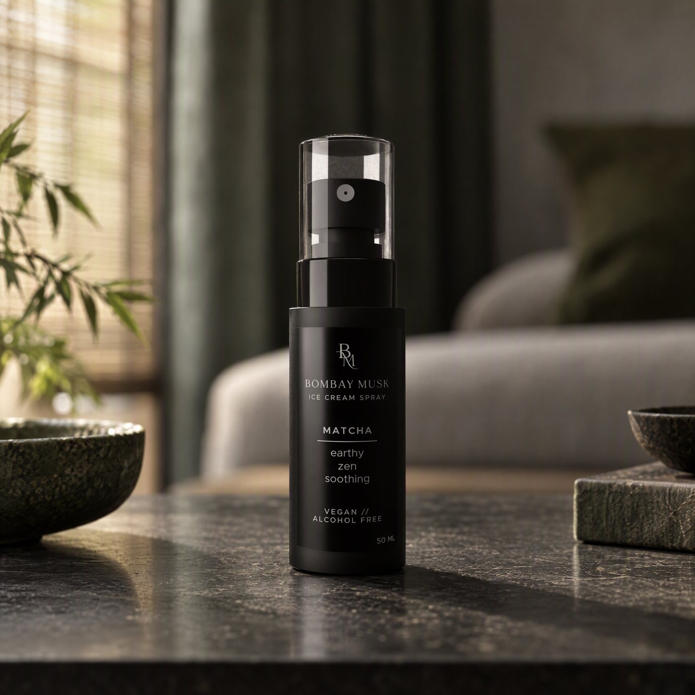 Matcha Ice Cream Spray on a console table in a styled living room, luxury home fragrance by Bombay Musk